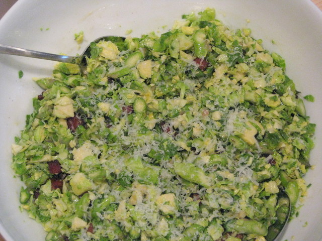 Shredded Brussels Sprouts, Bacon, and Asparagus Salad with Maple Dijon Dressing