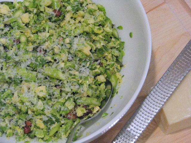 Shredded Brussels Sprout, Bacon, and Asparagus Salad with Maple Dijon Dressing